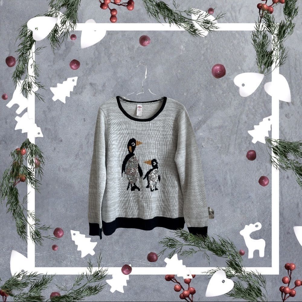 Sequined penguins holiday time sweater L